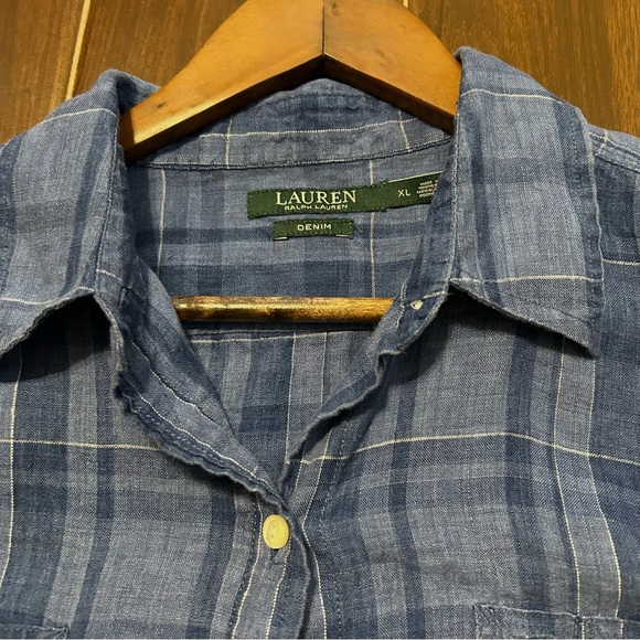 Lauren Ralph Lauren 100% Linen Plaid Button Down Shirt Women's XL Blue Preppy - Picture 6 of 7